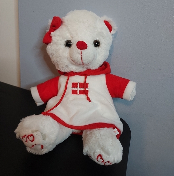 Denmark White/Red Stuffed Animal Bear 9in - Picture 1 of 6
